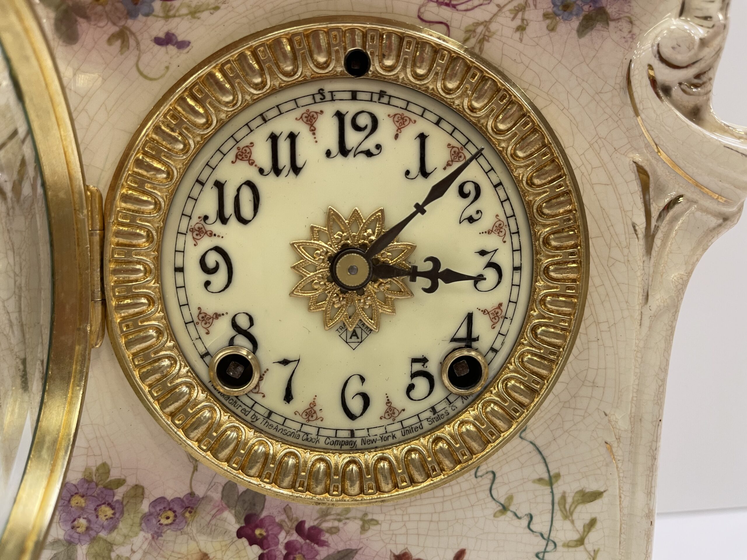 Detail of the restored clock face that was restored from fire damage.
